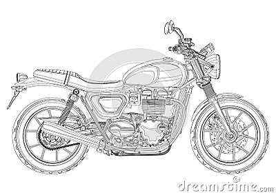 Motorcycle vector, monochrome, black and white sketch, coloring book. Black outline drawing motorbike half-face with Vector Illustration