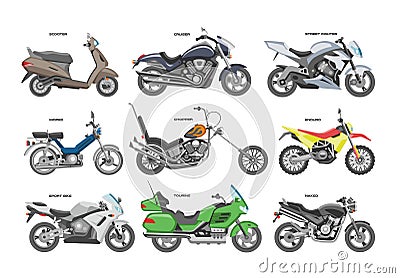 Motorcycle vector motorbike or chopper and motoring cycle ride transport illustration motorcycling set of scooter motor Vector Illustration