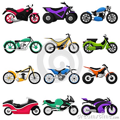 Motorcycle vector motorbike and motoring cycle ride transport chopper illustration motorcycling set of scooter motor Vector Illustration