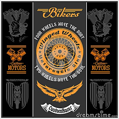 Motorcycle vector set with vintage custom logos, badges, bikers design elements. Vector Illustration