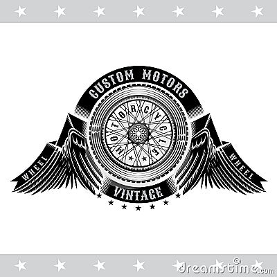 Motorcycle wheel in center of ribbon round frame between wings. Vintage motorcycle design isolated on white Vector Illustration