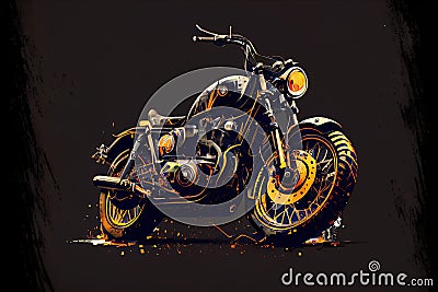 a motorcycle with a yellow tire and a black background with orange spots on it and a black background with a black background Stock Photo