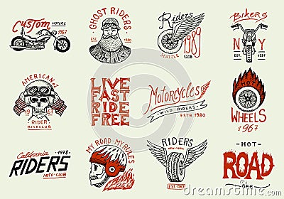 Motorcycles and biker club templates. Vintage custom skulls emblems, labels badges for t shirt. Monochrome retro style Vector Illustration