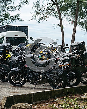 Motorcycles parking along the roadside during Terengganu bike week events. Editorial Stock Photo