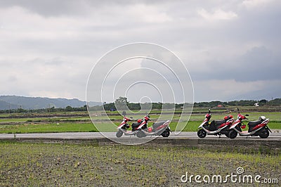 Motorcycles parking in a country road in Hualien, Taiwan, Asia Stock Photo
