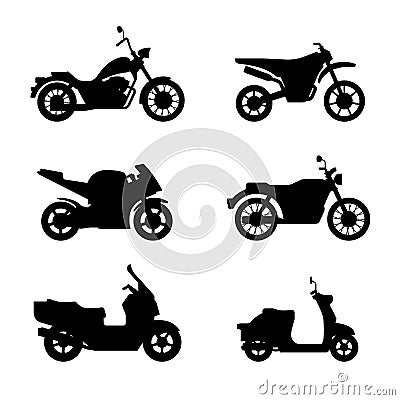 Motorcycles and scooters black silhouettes Vector Illustration
