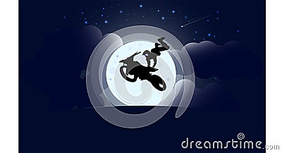 Motorcyclist in flight, stuntman on a cross-country motorcycle, at night against the background of the starry sky and the full moo Vector Illustration