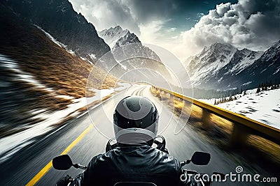 A motorcyclist in a helmet rides a motorcycle along the Alpine road. Generative ai Stock Photo