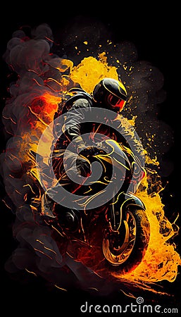 Motorcyclist on a motorcycle on fire. Biker in flame. AI generative. Graphic Stock Photo
