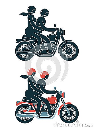 Motorcyclist with a passenger girl on a classic motorcycle Vector Illustration