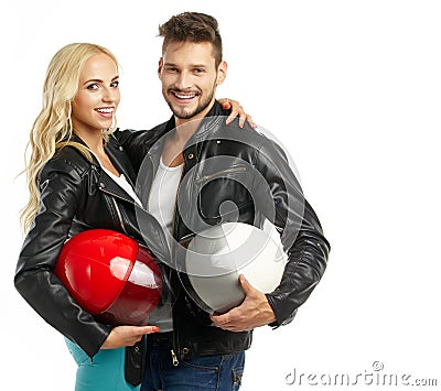 Motorcyclists couple with helmets Stock Photo