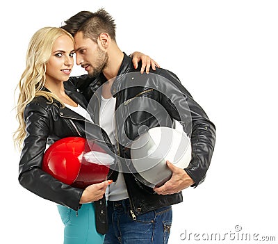 Motorcyclists couple with helmets Stock Photo