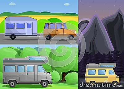 Motorhome banner set, cartoon style Vector Illustration