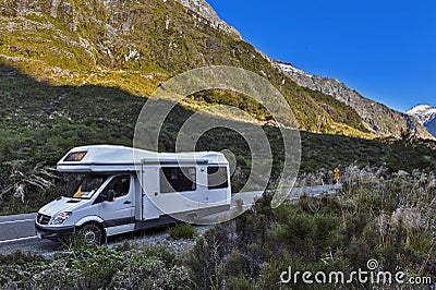 Motorhome / campervan parking at Monkey Creek on Milford Road to Milford Sound Editorial Stock Photo