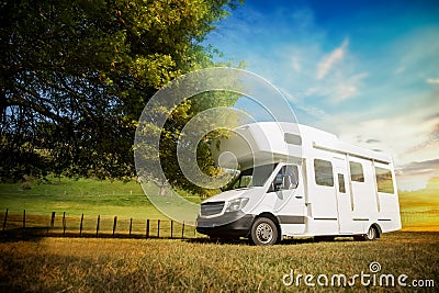 motorhome, caravan or campervan on natural background, vanlife concept, road trip idea Stock Photo