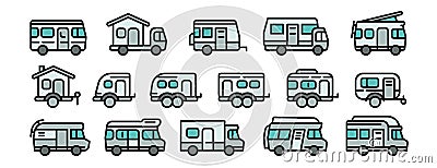 Motorhome icons set, outline style Vector Illustration