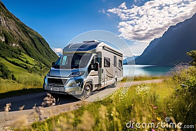 Motorhome on the landscape with mountains and lake. Car traveling illustration. Freedom vacation travel. Caravan design Cartoon Illustration