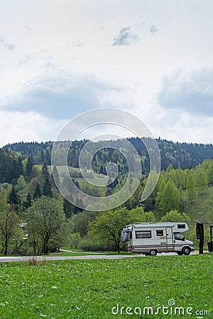 Motorhome with mountains in the background in Slovakia Stock Photo
