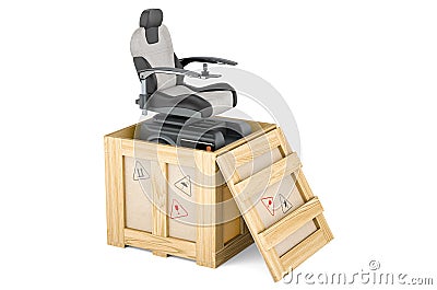 Motorized Power Chair inside wooden box, delivery concept. 3D rendering Stock Photo