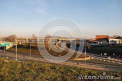 highway with overpass architectural structures in concrete that synergistically combine different road networks. Turin, Italy, 09 Editorial Stock Photo