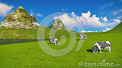 Mottled cows graze on alpine pasture Cartoon Illustration