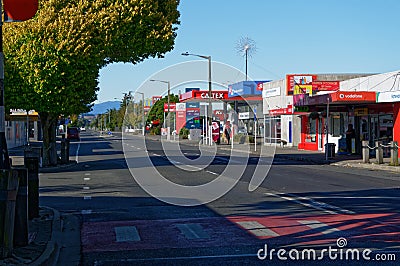 Motueka High Street, South Island, New Zealand, March 28 2020: A nearly empty High Street in Motueka New Zealand as businesses Editorial Stock Photo