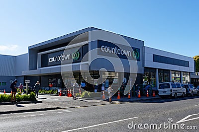 Motueka, South Island, New Zealand, April 2 2020 A queue outside the supermarket in Motueka, New Zealand showing social distancing Editorial Stock Photo