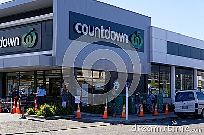 Motueka, South Island, New Zealand, April 2 2020 A queue outside the supermarket in Motueka, New Zealand showing social distancing Editorial Stock Photo