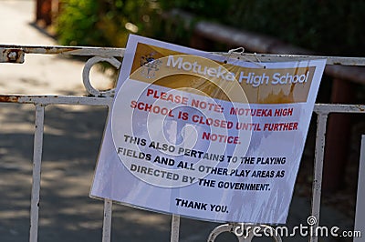 Motueka, South Island, New Zealand, March 30 2020 A notice on Motueka High School fence stating the school is closed, during the Editorial Stock Photo