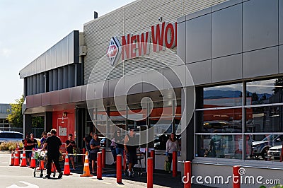 Motueka, South Island, New Zealand, March 30 2020 A queue outside the supermarket in Motueka, New Zealand showing social Editorial Stock Photo