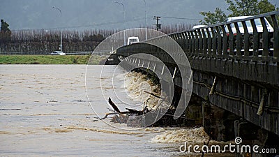 Motueka River bridge at Motueka just above the flooded Motueka river Stock Photo