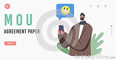 MOU Agreement Paper Landing Page Template. Businessman Character Send Smile Emoji to Partner via Smartphone Internet Vector Illustration