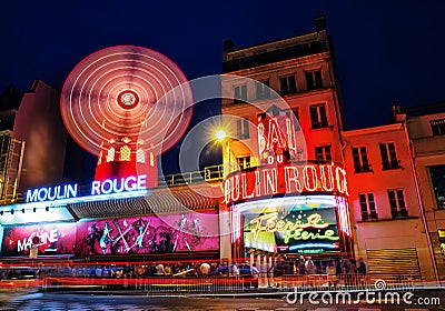 Moulin Rouge cabaret, Paris, France at night Editorial Stock Photo