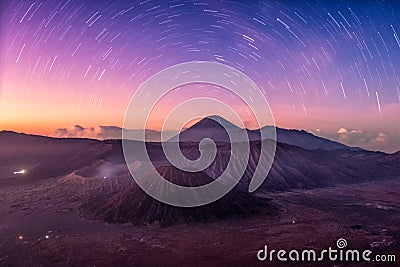 Mount active volcano, Batok, Bromo, Semeru with starry at dawn Stock Photo