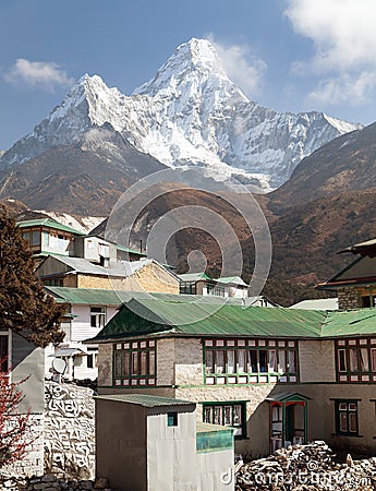 Mount Ama Dablam and Pangboche village near Namche bazar Stock Photo