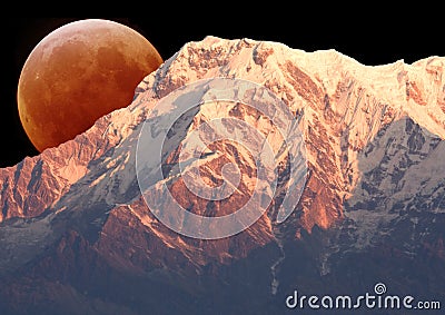 Mount Annapurna South and the Moon Stock Photo