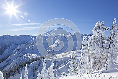 Mount Baker mountain peak summit, North Cascades National Park winter nature scene Stock Photo