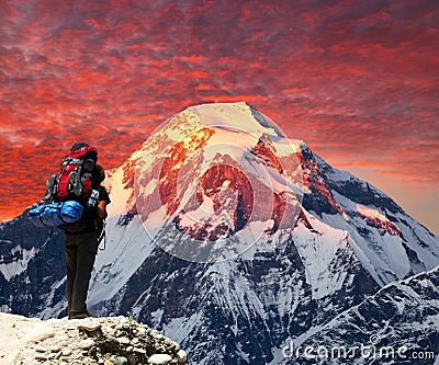 Mount Dhaulagiri with climber or tourist Stock Photo