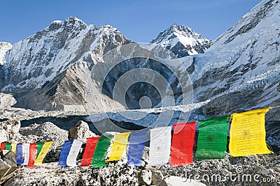 Mount Everest base camp with buddhist prayer flags Stock Photo