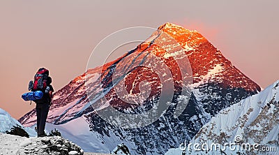 Mount Everest from Gokyo valley with tourist Stock Photo