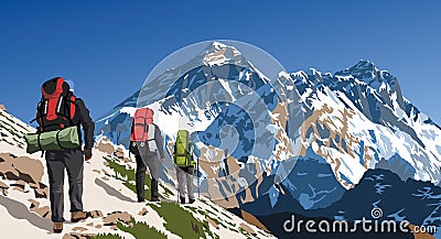 mount Everest and Lhotse as seen from gokyo valley with three hikers Cartoon Illustration