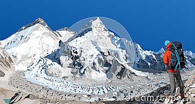 mount Everest Lhotse and Nuptse with hiker Cartoon Illustration