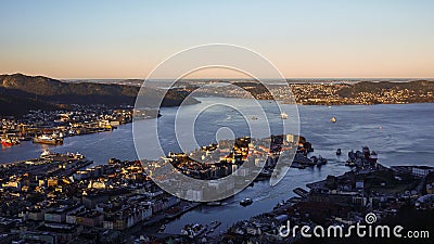 Mount FlÃ¸yen morning view to Bergen town, Norway Stock Photo