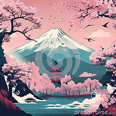Mount Fuji, cherry blossom, and pagoda in Japan. Japanese cherry blossoms and Mount Fuji, Ai Generated Stock Photo