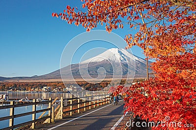 Mount Fuji with coulourful of maple leaves at Lake Yamanaka Editorial Stock Photo