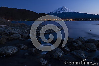 Mount Fuji and Lake Kawaguchi during sunset, Japan Stock Photo