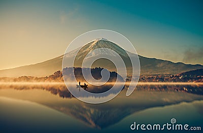 Mount fuji at Lake kawaguchiko,Sunrise , vintage Stock Photo