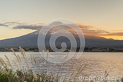 Mount Fuji and Lake kawaguchiko in autumn. It is a popular tourist destination. Mount Fuji scenery before winter is a famous Stock Photo