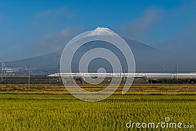 Mount Fuji and Shinkansen bullet train Editorial Stock Photo