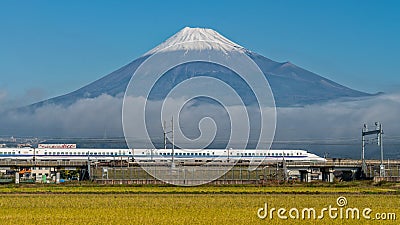 Mount Fuji and Shinkansen bullet train Editorial Stock Photo